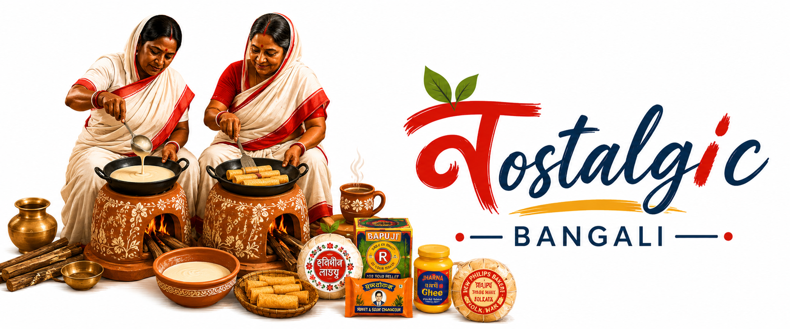 Two Bengali women preparing traditional food beside the Nostalgic Bangali identity